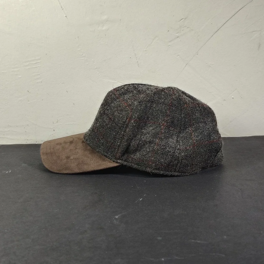 Crown Cap Canada Plaid Wool Baseball Hat Suede Bill Strapback Premium Grey Brown